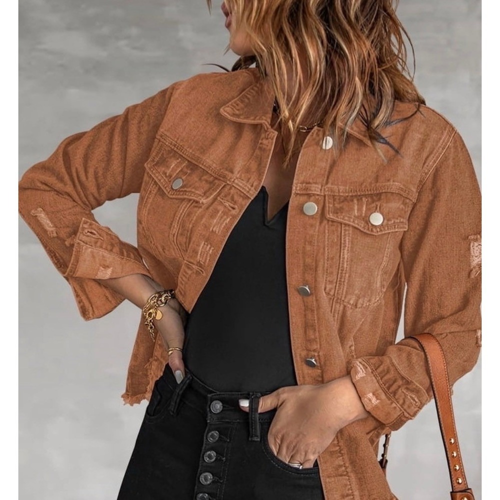 Tobacco Brown Distressed Denim Jacket Frayed Hem XXL Brown Jean Jacket